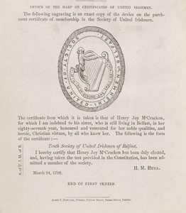 Het zegel van de Vereniging van Verenigde Ieren van Belfast, ca. 1792 (gravure) door Irish School
