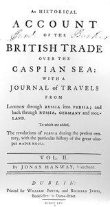 Titelpagina van An Historical Account of British Trade over the Caspian Sea, met een reisverslag door Jonas Hanway, 1754