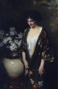Bruine kimono (Portret van Kathryn Beta la Forque) door Irving R. Wiles