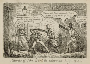 Moord op John Wood de waterman, juli 1833 door Isaac (after) Cruikshank
