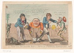 Spotprent op de capitulatie van de Bataafse vloot in de Saldanhabaai, 1796 door Isaac Cruikshank