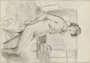 Zittend vrouwelijk naakt in een interieur door Isaac Israels