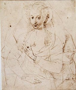 Portret van een Onbekende Dame, formeel genaamd Lucy Harrington, Gravin van Bedford, een schets voor een miniatuur (No.3902) ca. 1605 door Isaac Oliver