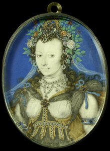 Portret van een vrouw in maskeradekleding als Flora door Isaac Oliver