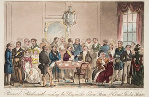 Bernard Blackmantle leest zijn toneelstuk in de Groene Kamer van het Covent Garden Theatre, uit The English Spy, gepubliceerd 1824