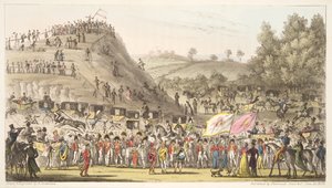 Eton Montem, en de berg, Salt Hill, uit The English Spy, gepubliceerd 1824 door Isaac Robert Cruikshank