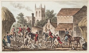 Uitgaan; Een uitzicht op Berkeley Hunt Kennel, uit The English Spy, uitgegeven 1824 door Isaac Robert Cruikshank