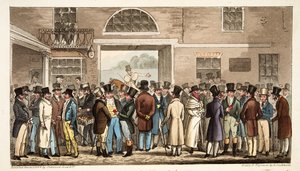 Maandag na de Grote St Leger, of Helden van de Turf die betalen en ontvangen bij Tattersalls, uit The English Spy, uitgegeven 1824 door Isaac Robert Cruikshank