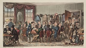 De Tassen, Mannenbanket bij de Bell Inn, Cheltenham, uit The English Spy, gepubliceerd 1824 door Isaac Robert Cruikshank