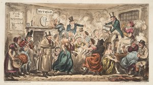 De Buff Club bij de Pig and Whistle, Avon Street, Bath, uit The English Spy, gepubliceerd Londen, 1824 door Isaac Robert Cruikshank