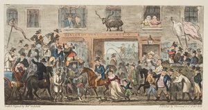 De komische processie uit The English Spy, uitgegeven 1824 Gloucester naar Berkeley, uit The English Spy, uitgegeven 1824 door Isaac Robert Cruikshank