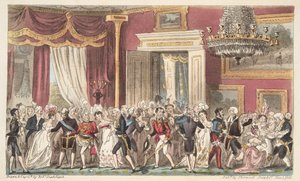 De Avond in de Cirkelvormige Kamer; of een Drukte bij Carlton Palace, uit The English Spy, gepubliceerd 1824 door Isaac Robert Cruikshank