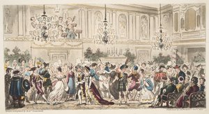 Het Fancy Bal in de Upper Rooms, Bath, uit The English Spy, gepubliceerd Londen, 1824 door Isaac Robert Cruikshank