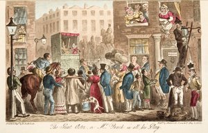 De grote acteur, of Mr. Punch in al zijn glorie, uit The English Spy, gepubliceerd 1824 door Isaac Robert Cruikshank