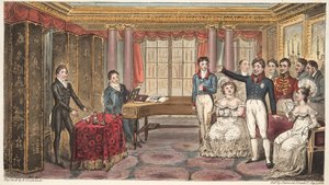 De koning thuis, of Mathews in Carlton House, uit The English Spy, door Charles Westmacott, gepubliceerd 1824 door Isaac Robert Cruikshank