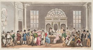 Bekende bezoekers van de Pump Room, Bath, een slokje nemend met Koning Bladud, uit The English Spy, gepubliceerd 1824