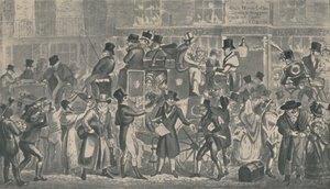 Buiten White Horse Cellar, Piccadilly, 1821, 1920 door Isaac, Robert and George Cruikshank