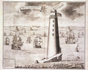 De Eddystone vuurtoren, gegraveerd door Hendrick Hulsbergh, 1713