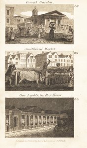 Ambachten in Regency Engeland: Covent Garden, Smithfield Market en gaslampen op Carlton House door Isaac Taylor