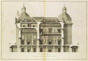 Houghton Hall: doorsnede van de Hal en Salon, gegraveerd door Pierre Fourdrinier, 1735 door Isaac Ware