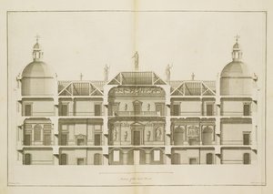 Houghton Hall: sectie van de Oostelijke Voorgevel, gegraveerd door Pierre Fourdrinier, 1735 door Isaac Ware