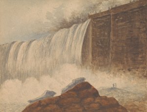 Uitzicht op de Niagara Falls met Twee Figuren op Rots in de Rechter Voorgrond