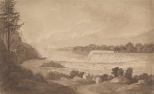 Uitzicht op de Niagara-watervallen met de watervallen op de achtergrond, rechts, en landschap met huizen op de voorgrond door Isaac Weld