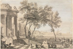 Fantastische Havenscène met Architectuur en Figuren door Isaac de Moucheron