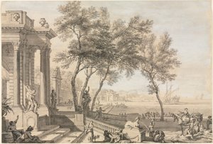 Fantastisch havenscène met architectuur en figuren, 1713 door Isaac de Moucheron