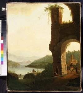 Een romantisch landschap door Isaac de Moucheron