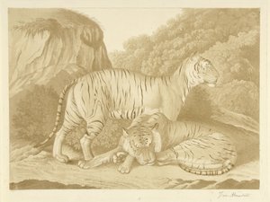 Twee tijgers in een landschap door Isaac van Haastert (signed by artist)