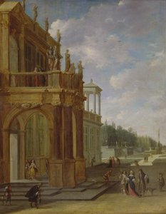 Mensen op het terras van een paleis