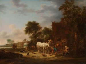 Herberg op het platteland met een paard bij de drinkbak