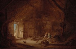 Interieur van een stal met drie kinderen