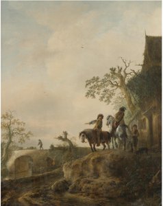 Landschap met ruiters die stoppen bij een herberg door Isaac van Ostade