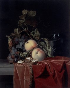 Een stilleven van druiven, perziken, walnoten en een wijnglas door Isaak Denies