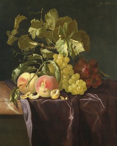 Stilleven van fruit, noten en bladeren op fluwelen doek door Isaak Denies