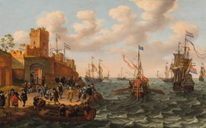 Een Nederlandse driemaster en een pauselijke galei met andere schepen langs de kust van een versterkte stad, ca. 1662 door Isaak Willaerts