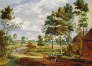 Figuren buiten een huisje in een landschap door Isaak van Oosten