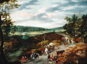 Rovers die een konvooi reizigers aanvallen, 1656 door Isaak van Oosten