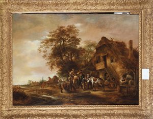 Ruiters die zich verfrissen buiten een herberg, met andere figuren en een paard en wagen door Isack van Ostade