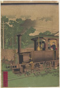 Stoomlocomotief in Tokio, na 1872 door Iseya Kanekichi