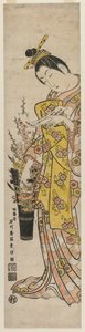 Courtisane leest een gedicht vastgebonden aan bloemen in een vaas, midden 1740s
