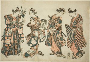 De acteurs Sanogawa Ichimatsu (rechts), Nakamura Kiyosaburo (midden rechts), Sanogawa Senzo (midden links) en Nakamura Kumetaro (links) door Ishikawa Toyonobu