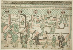 De winkel van Sanogawa Ichimatsu door Ishikawa Toyonobu