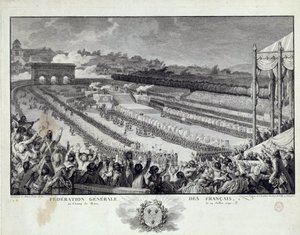 Franse Revolutie: uitzicht op het feest van de Algemene Federatie van Franse Departementen op de Champs de Mars in Parijs op 14/07/1791
