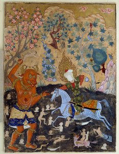 Islamitische kunst: Pagina van een falnama: Iman Reza vecht tegen een Div door Islamic School
