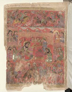 Volledige pagina: miniatuur: opdrachtafbeelding: midden-links een heersersfiguur, de opdrachtgever van het manuscript (miniatuur) door Islamic School