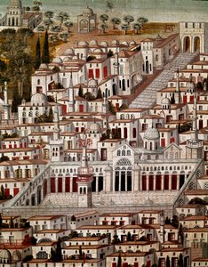 Islamitische kunst: Zicht op Damascus met de Grote Moskee van de Omajjaden van Damascus. Anonieme Syrische schildering van de 17e eeuw. Syrië, Damascus, Azempaleis