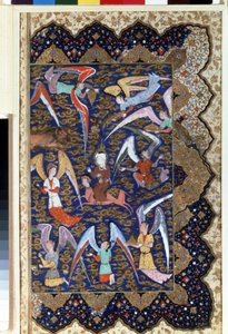 De profeet Mohammed (570-632) (met bedekt gezicht) tijdens de Mirac, zijn hemelvaart naar de zevende hemel op zijn paard Al-Buraq, aquarel op perkament, 16e eeuw, Hermitage Museum, Sint-Petersburg
